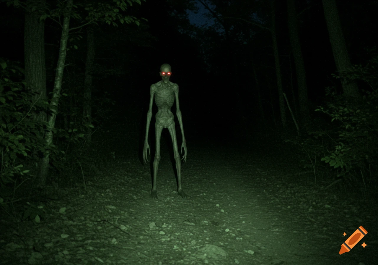 A tall, slender, skeletal skin walker with glowing red eyes stands on a  dark, green-tinted forest path at night, resembling a trail camera photo.  on Craiyon