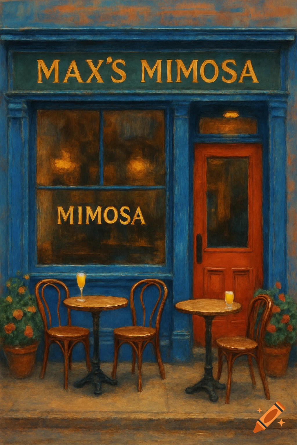 A painterly image of a blue storefront for 'Max's Mimosa' cafe with orange trim, featuring outdoor tables with chairs and mimosa drinks.