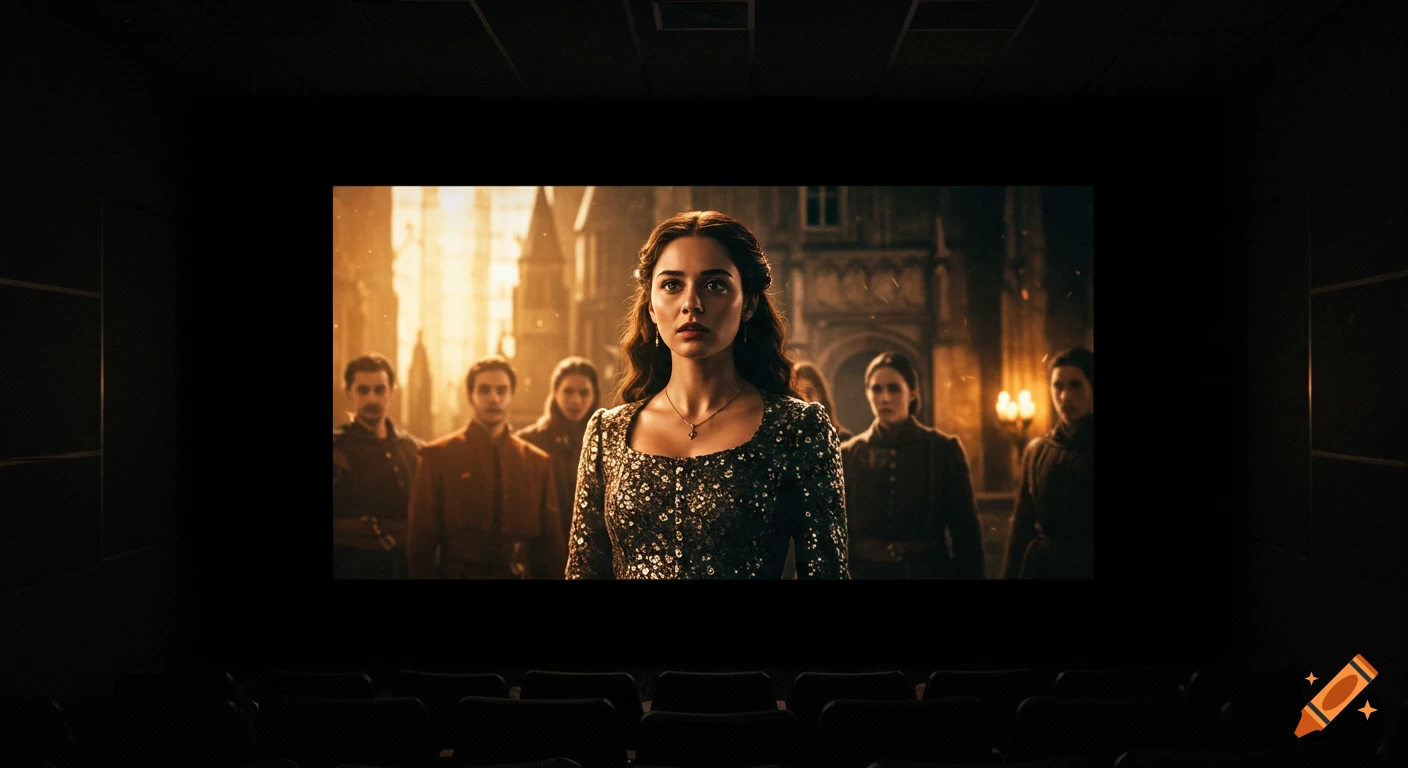 A movie screen in a dark cinema shows a woman in a medieval dress and other figures in a dramatic, golden-lit scene.