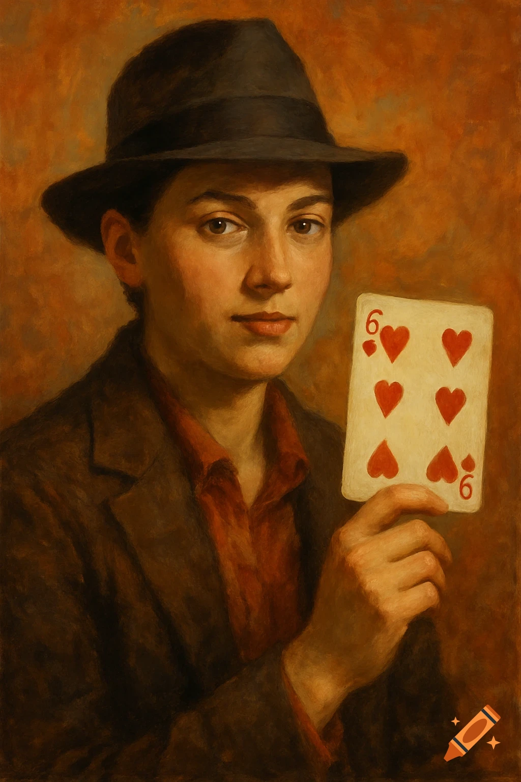 Oil painting of a person wearing a fedora and brown jacket, holding up a six of hearts playing card.