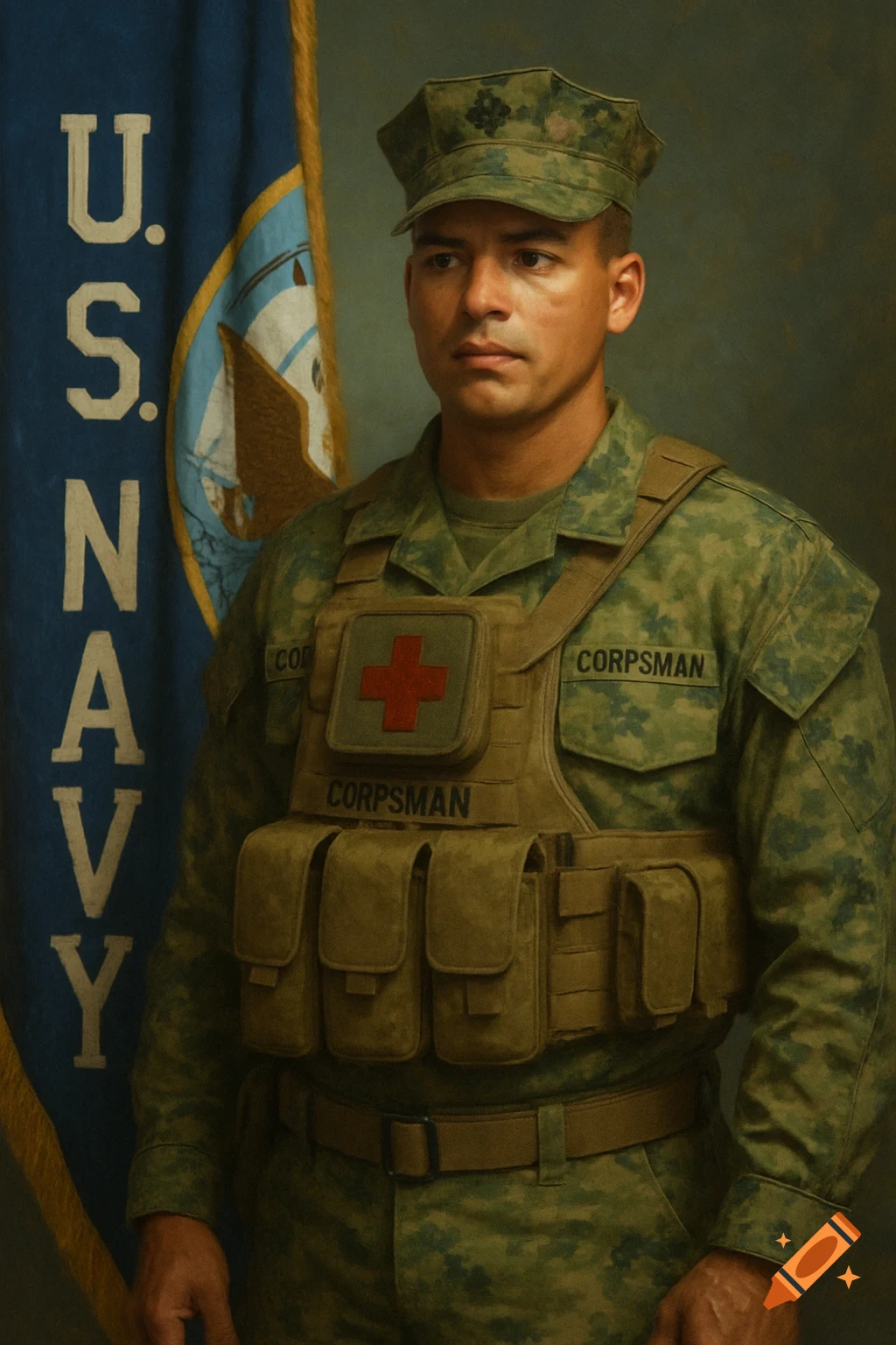 Photorealistic portrait of a Navy corpsman in camouflage uniform and cap, standing in front of a blue flag with 'U.S. NAVY' written vertically.