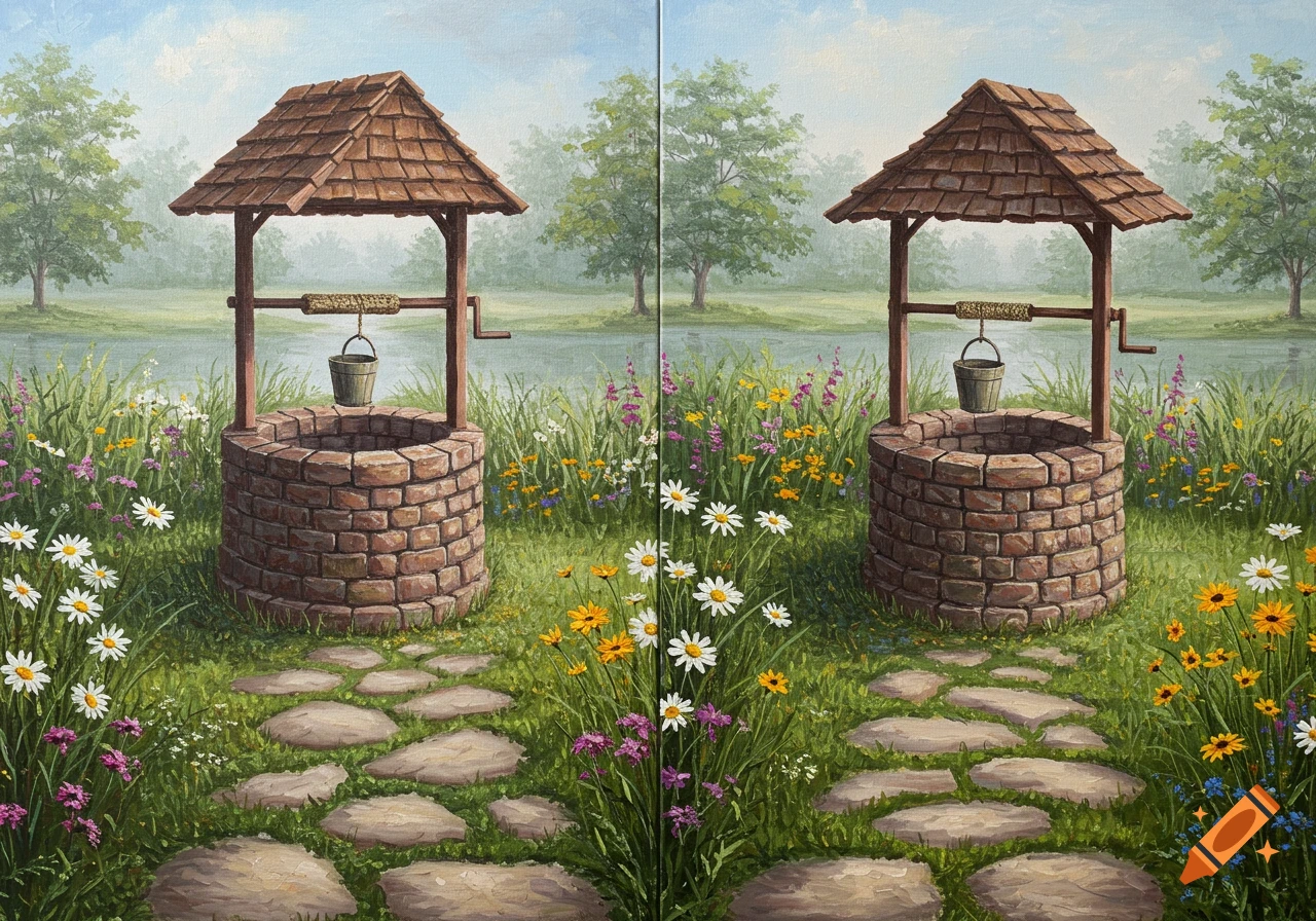 An acrylic painting depicting two identical old-fashioned wishing wells in a lush garden with colorful wildflowers. A stone path leads to each well. A pond with mist is in the background.