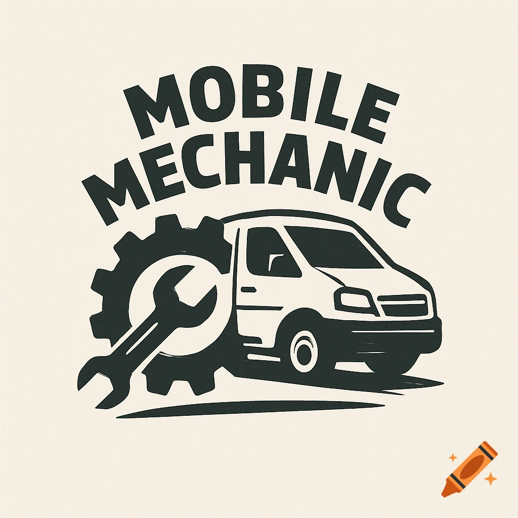 Black and white logo for Mobile Mechanic, featuring a van, a gear, and a wrench.