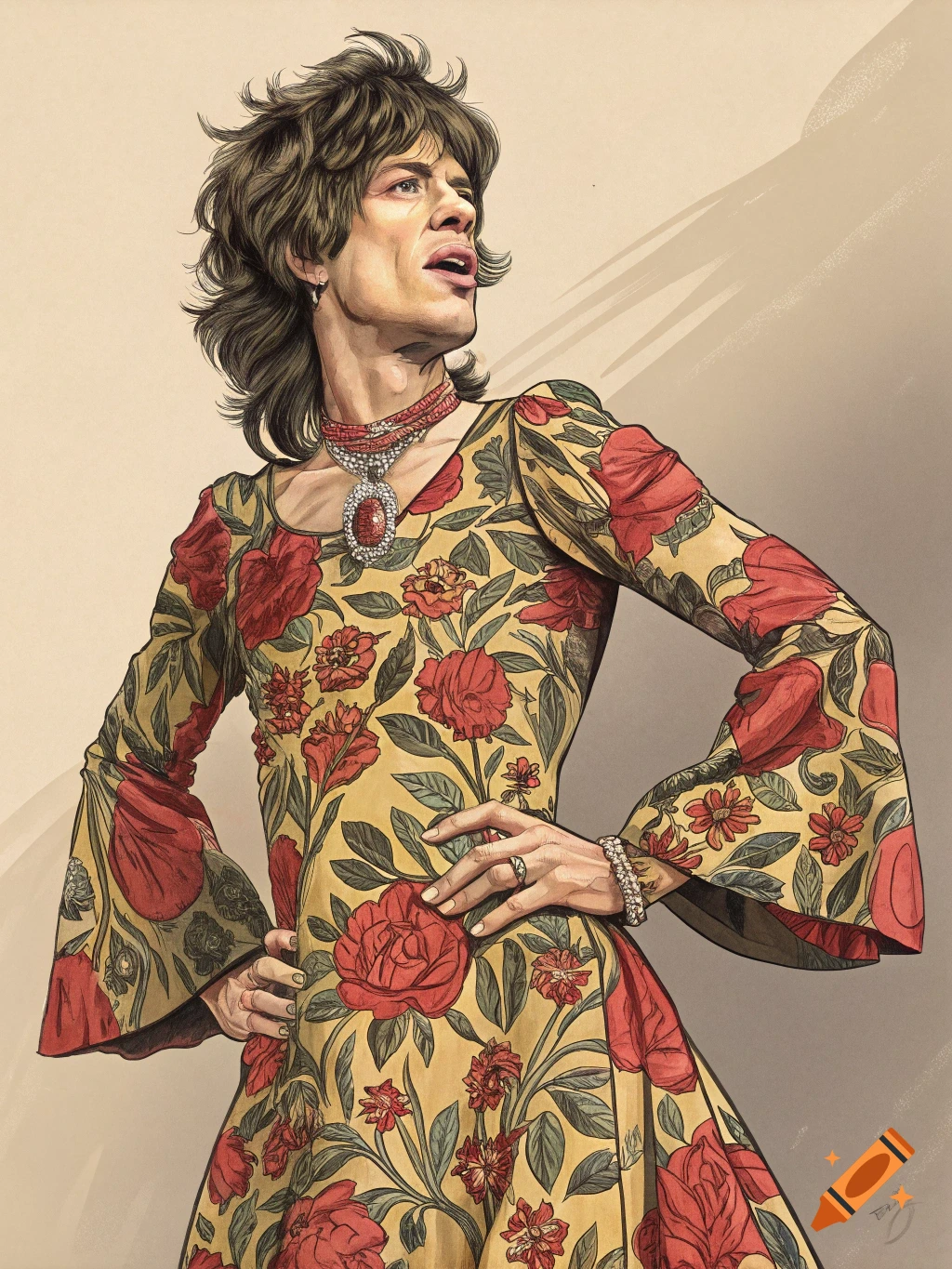 An illustration of Mick Jagger in a yellow dress with red floral patterns, hands on hips, looking up and right.