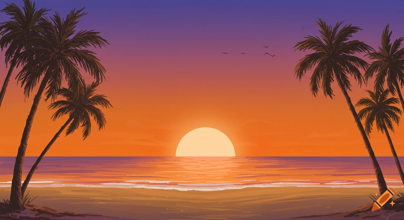 An illustrated tropical beach at sunset with a large orange sun setting over the ocean between silhouetted palm trees.