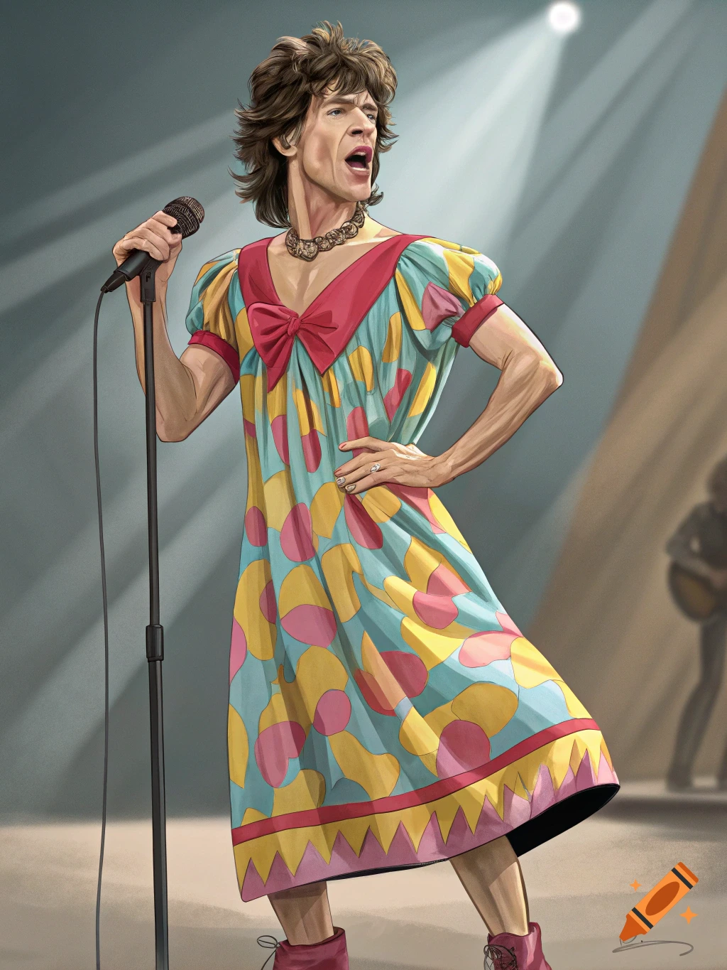Caricature of Mick Jagger singing into a microphone on stage, wearing a colorful patterned dress with a red bow.