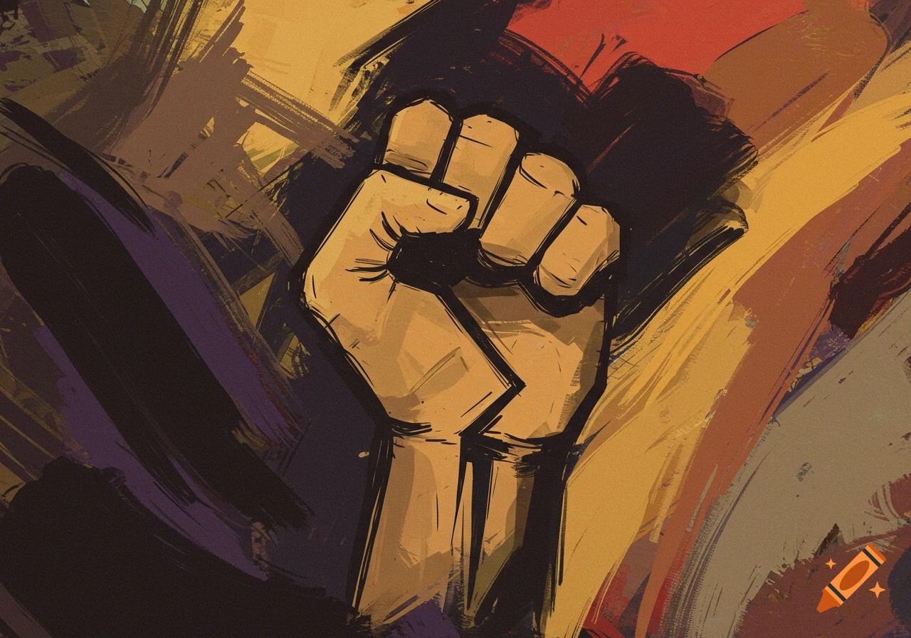 An abstract painting with bold strokes, revealing a subtly emerging raised fist in earthy tones.