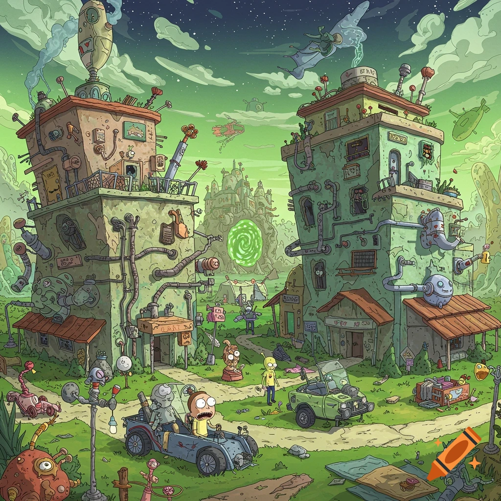 Rick and Morty in a car driving through a bizarre, detailed alien town with strange buildings and a glowing portal, in cartoon style.