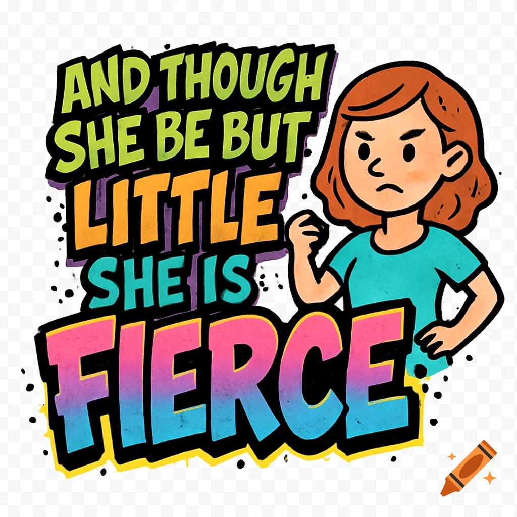 Graffiti-style text 'AND THOUGH SHE BE BUT LITTLE SHE IS FIERCE' next to a determined cartoon woman.