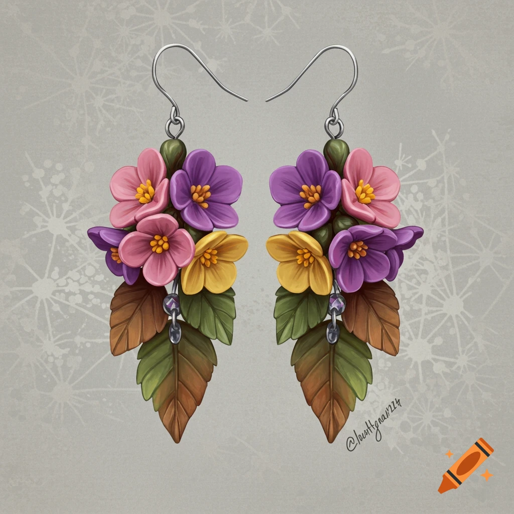 A pair of colorful dangly earrings featuring pink, purple, and yellow polymer clay flowers and green and brown leaves against a textured background.