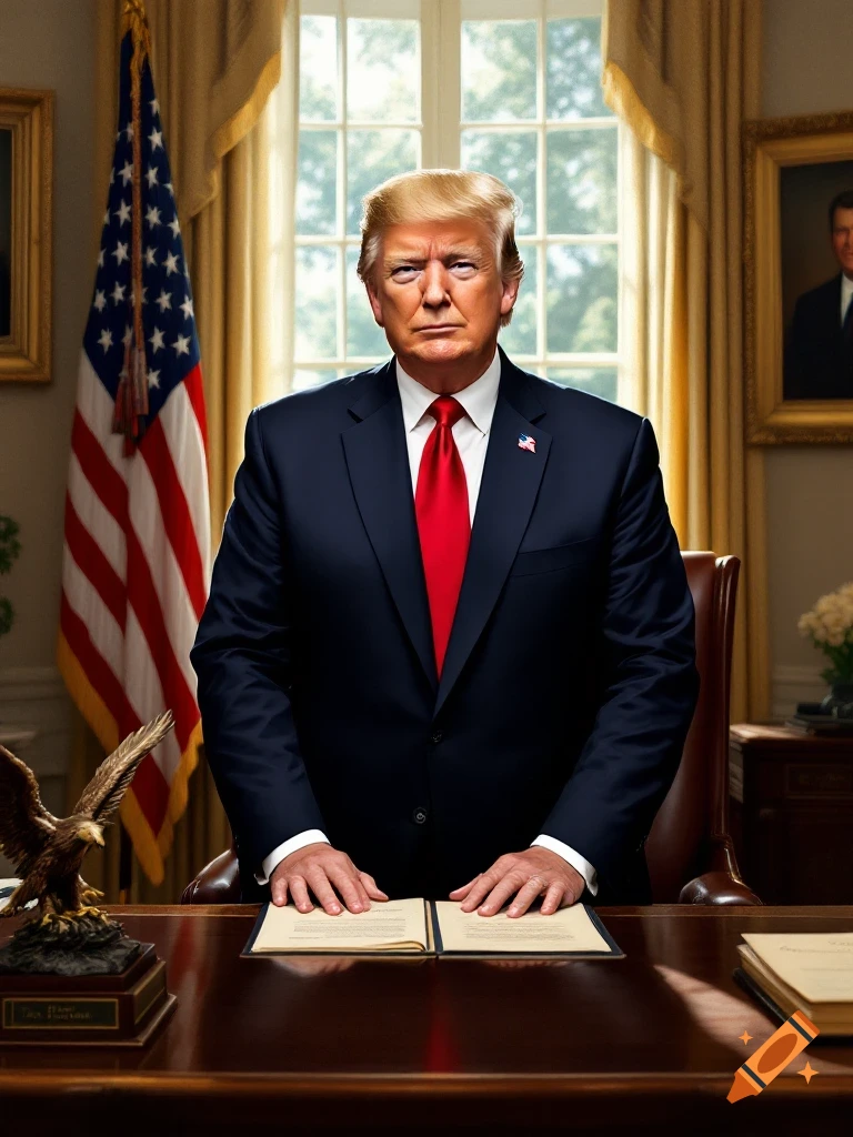 A dignified portrait of Donald Trump standing behind the Resolute Desk in the Oval Office, in a realist painting style.