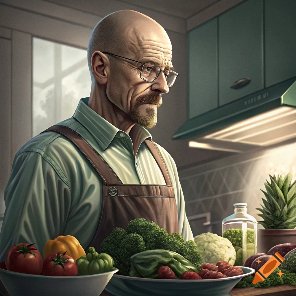 Bald man with glasses and a goatee, resembling Walter White, wearing an apron and preparing fresh vegetables in a kitchen.