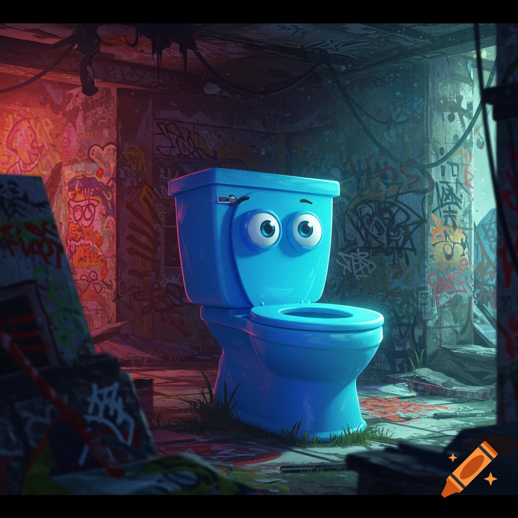 A blue, cartoonish toilet with large eyes stands in a dark, graffiti-covered, abandoned room with red and blue lighting.