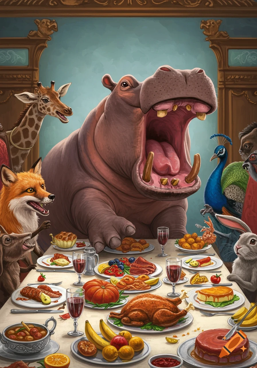 An illustration of a hippo and various animals, including a giraffe and fox, seated at a large dinner table filled with food.