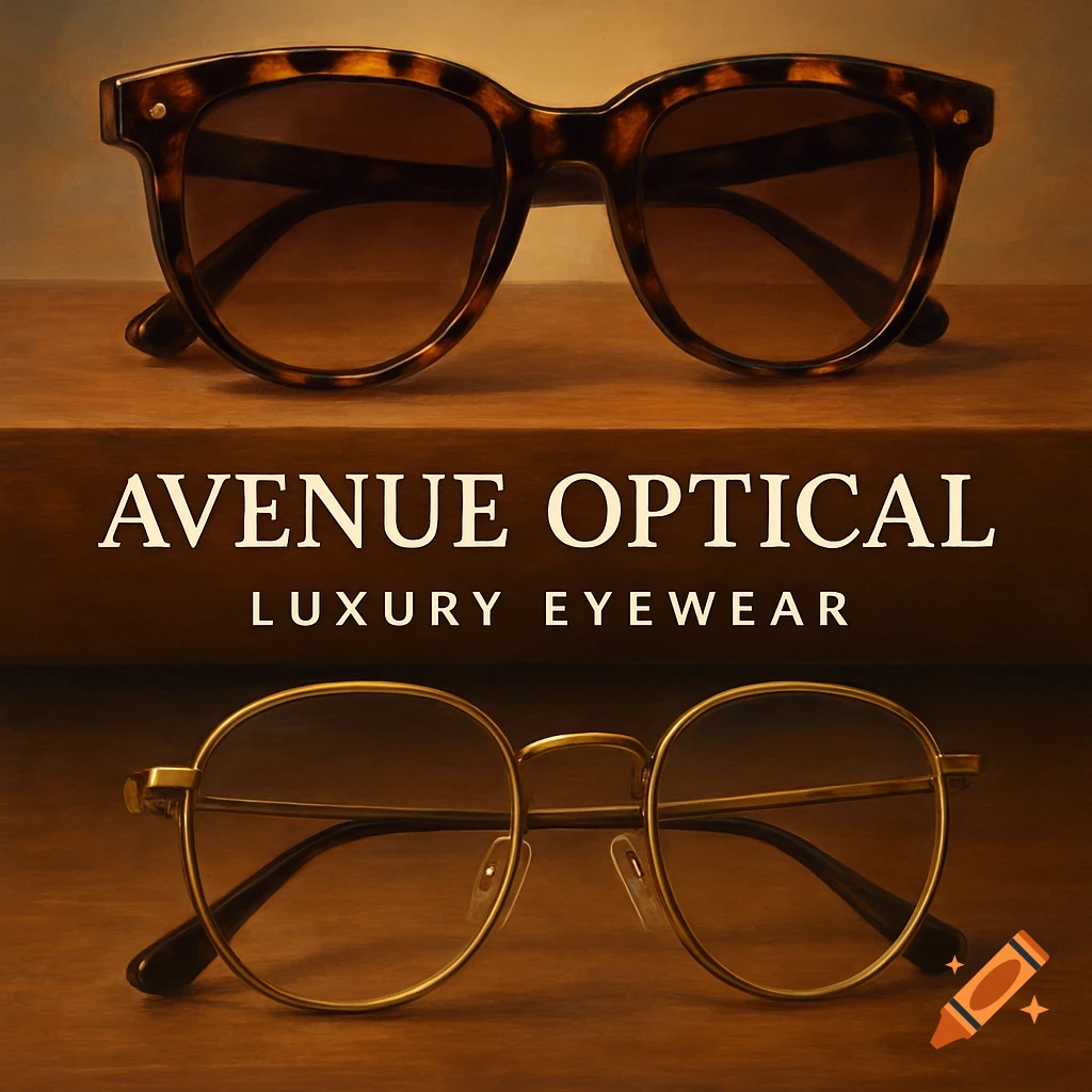 Tortoise shell sunglasses and gold-rimmed glasses on a wooden surface with 'AVENUE OPTICAL LUXURY EYEWEAR' text.