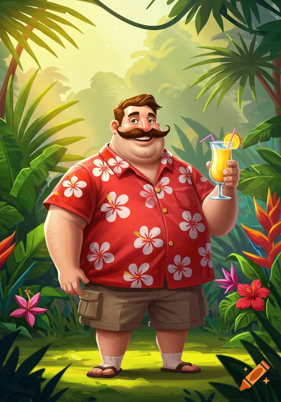 A cartoon man with a large mustache and red Hawaiian shirt holds a tropical drink in a lush jungle.