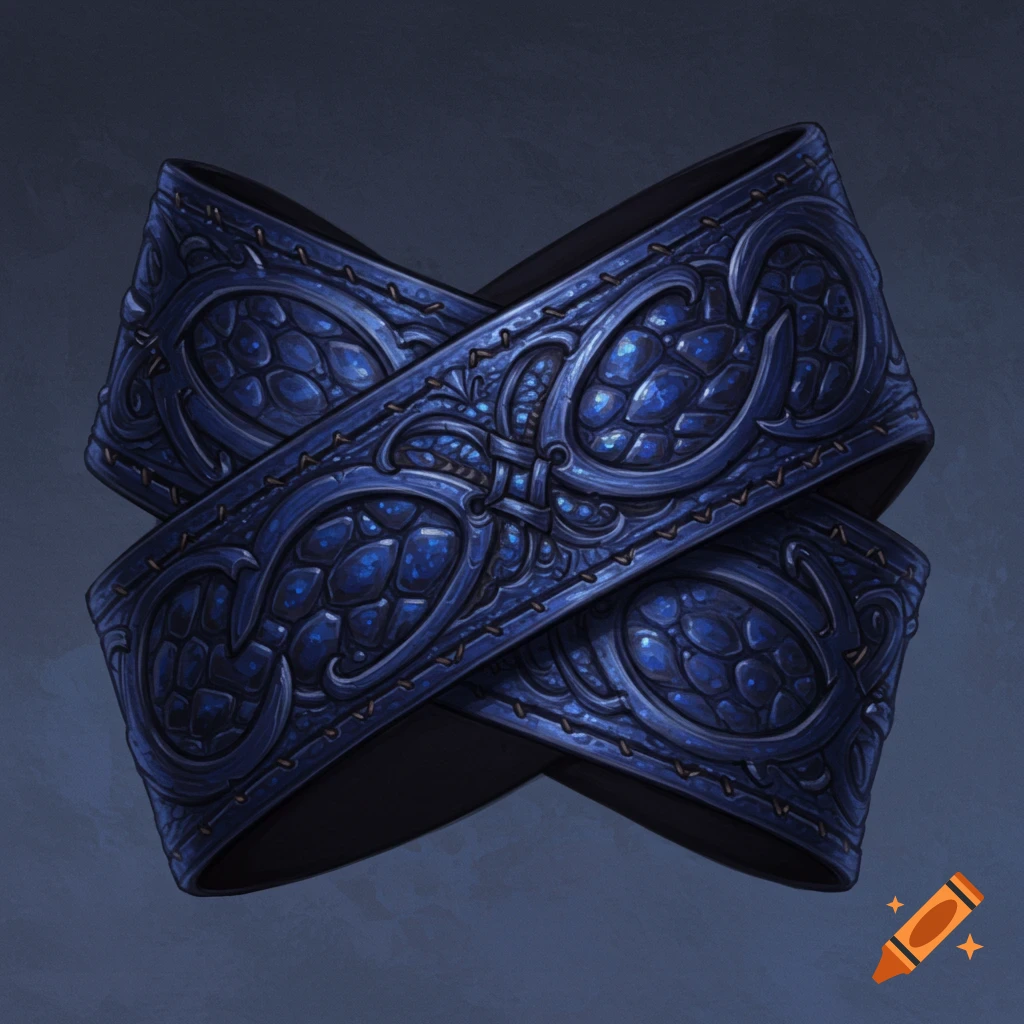 A detailed blue fantasy belt with ornate dragon scale patterns, crossed.