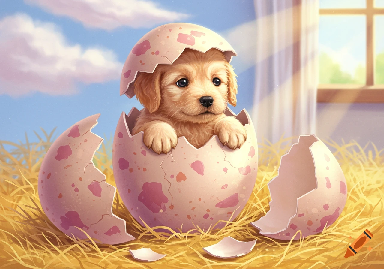 A cute golden retriever puppy hatches from a pink speckled egg, surrounded by hay, with a sunny window background.