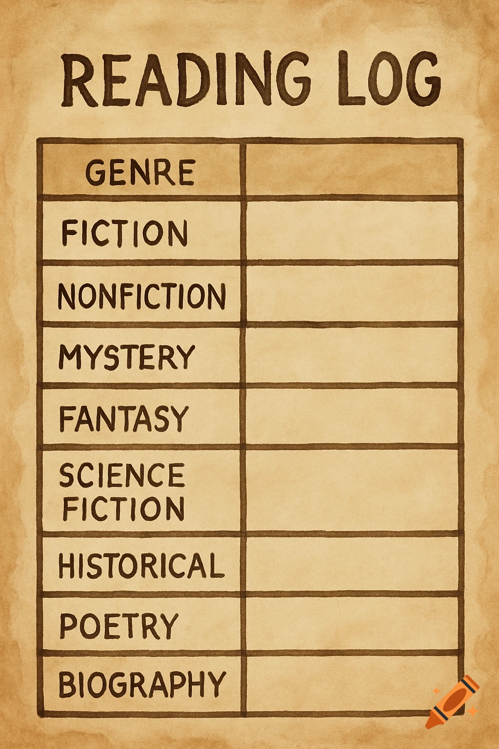 A reading log on a parchment-like background with columns for genre and entries. Genres listed include Fiction, Nonfiction, Mystery, Fantasy, Science Fiction, Historical, Poetry, and Biography.