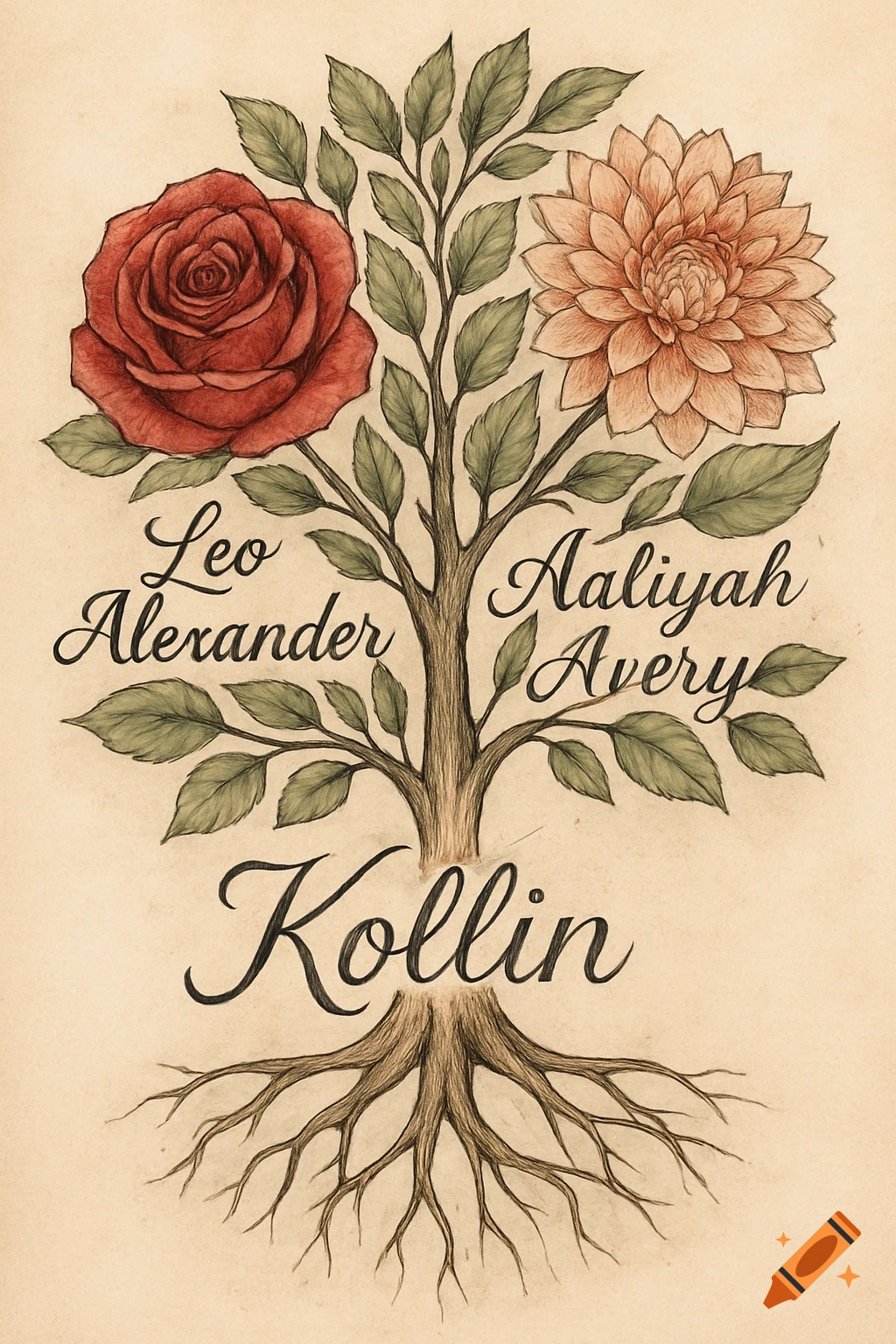An illustration of a family tree with a red rose and an orange dahlia, featuring names 'Leo Alexander', 'Aaliyah Avery', and 'Kollin' in a calligraphic style.