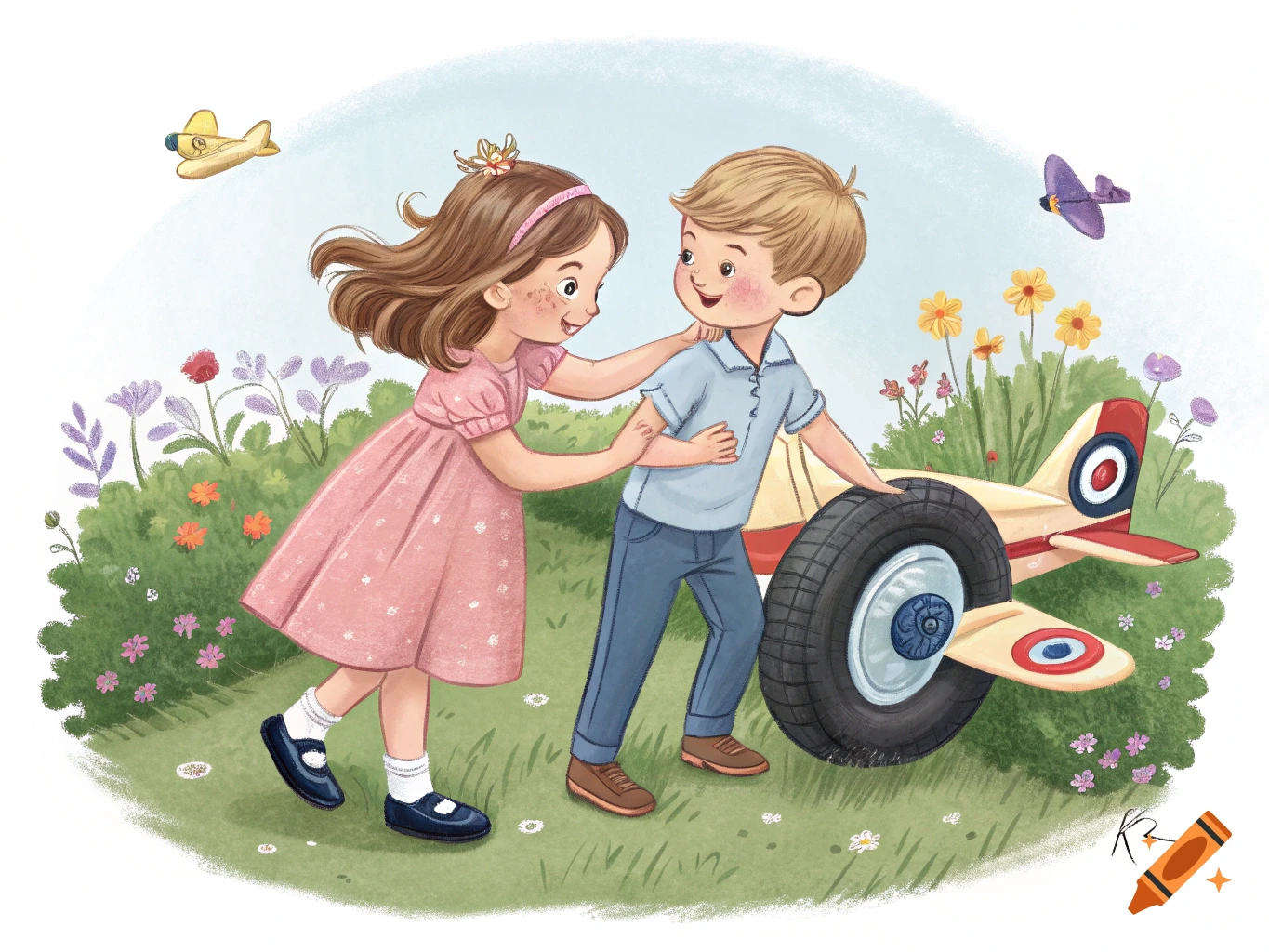 An illustration of a young girl holding a boy's arm next to a toy airplane in a field of flowers.