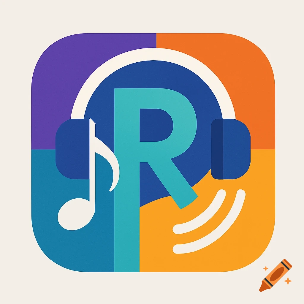 A colorful geometric app logo with a stylized letter R, headphones, a music note, and sound waves, set on a light background.
