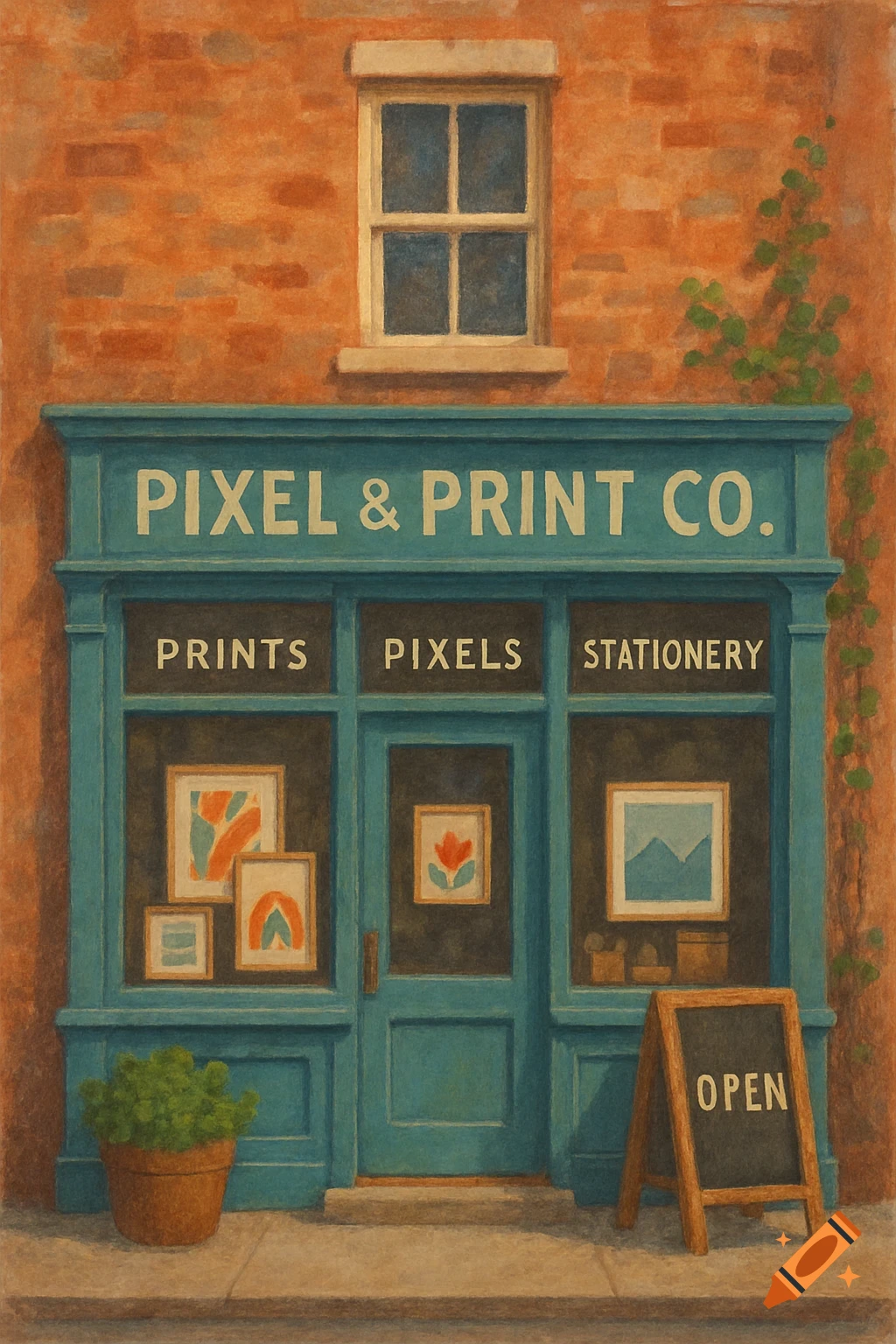 A painterly illustration of a teal shop front named 'Pixel & Print Co.' with windows displaying 'Prints Pixels Stationery' and an 'Open' sign on the sidewalk.