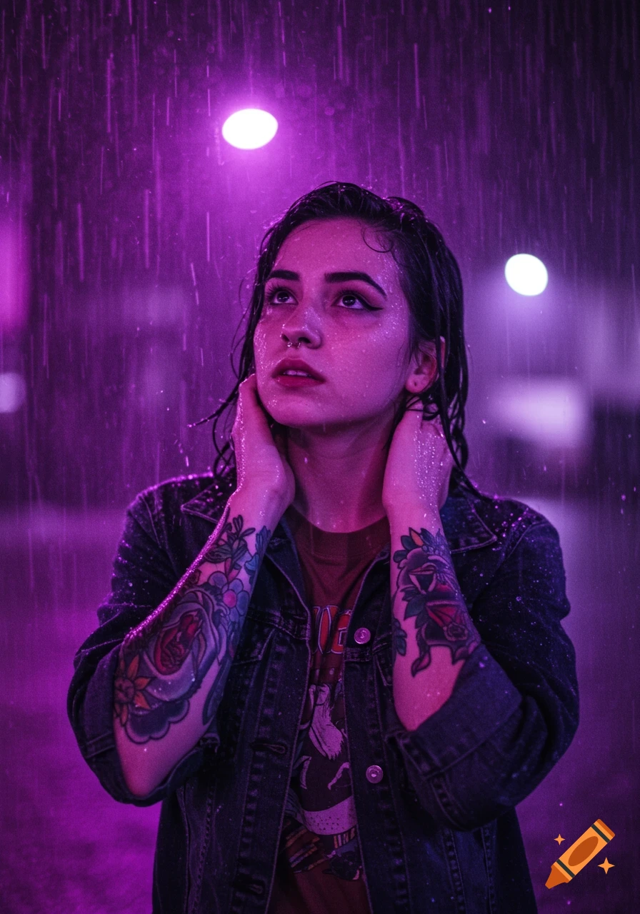 Photorealistic portrait of a young woman with tattoos, standing in purple-lit rain at night, looking up.