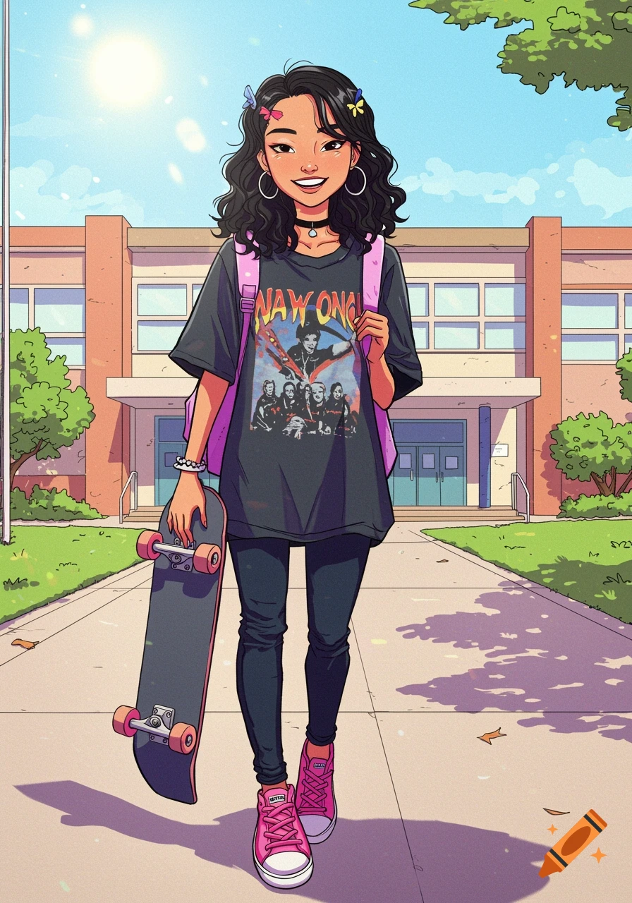 A smiling animated girl with curly black hair and a pink backpack walks with a skateboard in front of a school building. She wears a black t-shirt with a graphic design.