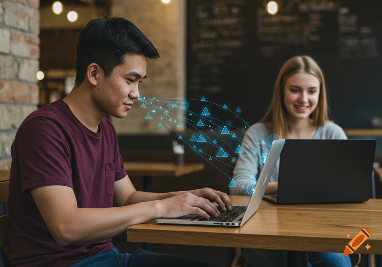 A young Asian man types on a laptop in a coffee shop, with glowing data lines flowing from his screen to a smiling young Caucasian woman on a laptop in the background.