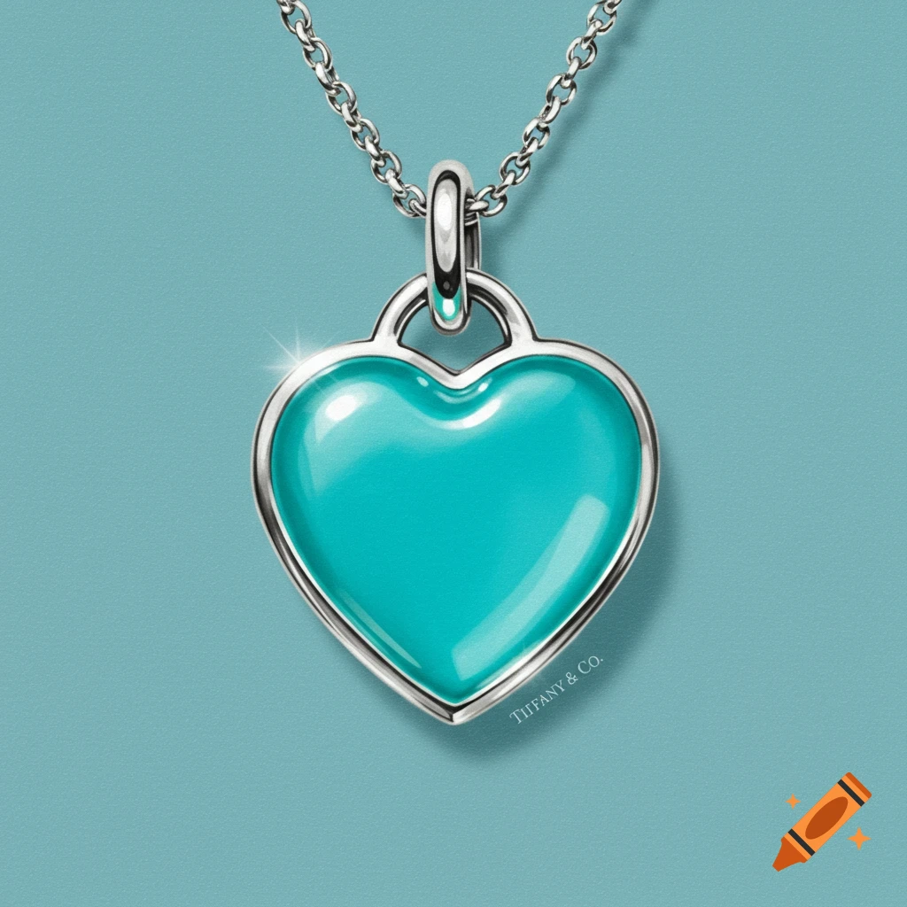 A teal heart-shaped Tiffany & Co. necklace charm with a silver border and chain, against a teal background.