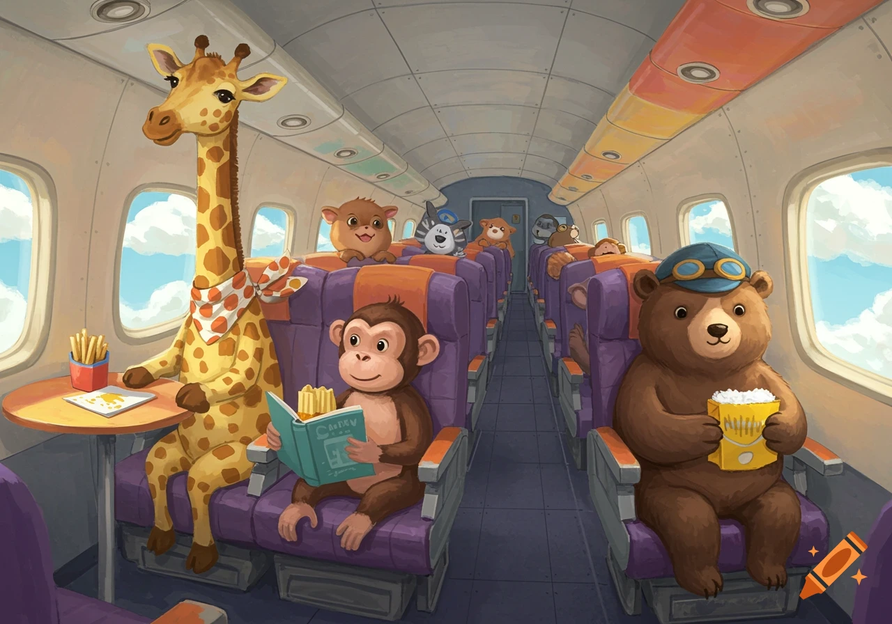 A colorful cartoon illustration of various animals, including a giraffe, monkey, and bear, flying as passengers inside an airplane.