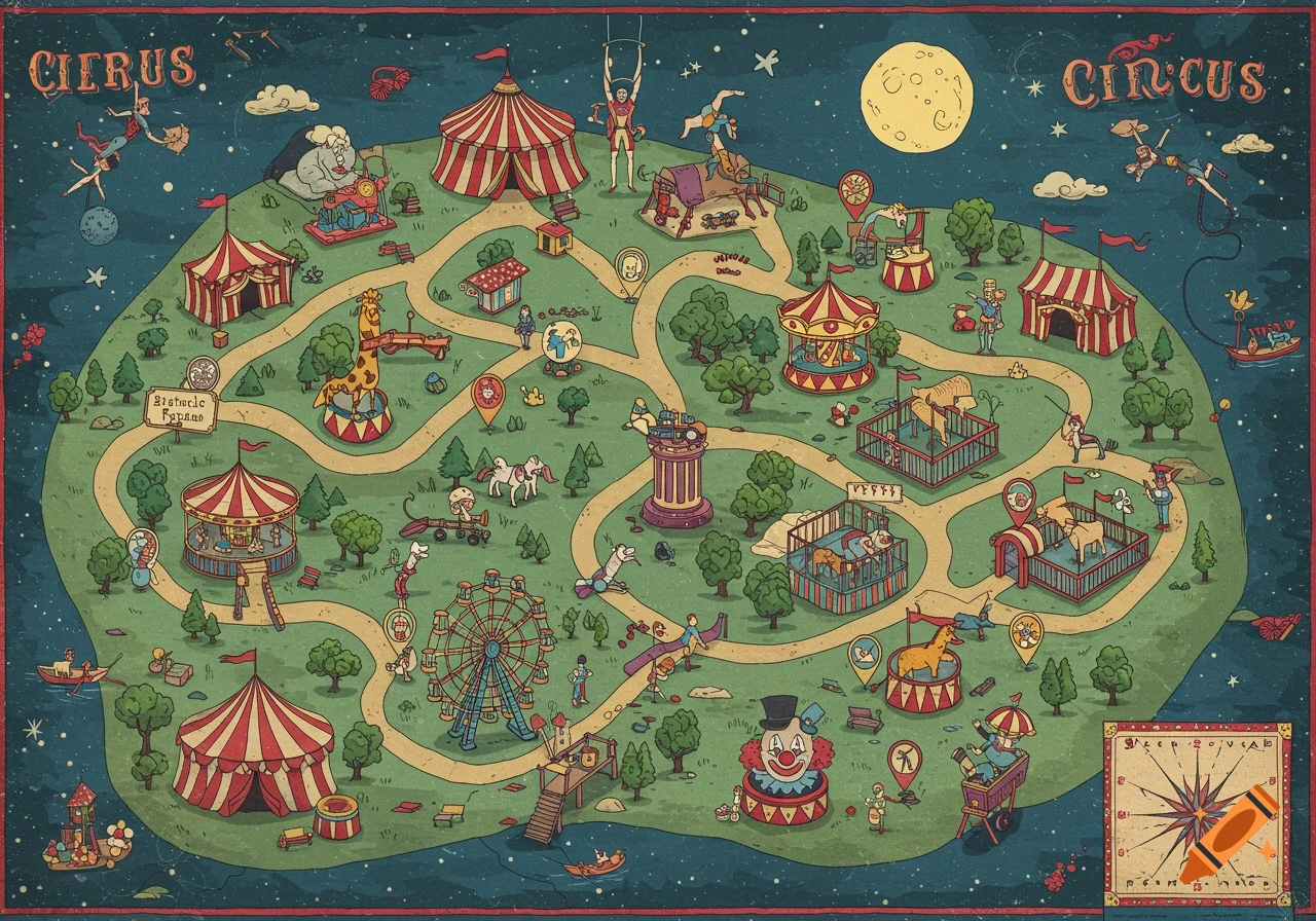 A detailed, vintage-style cartoon map of a circus ground at night, featuring tents, rides, animals, and performers under a full moon and starry sky.