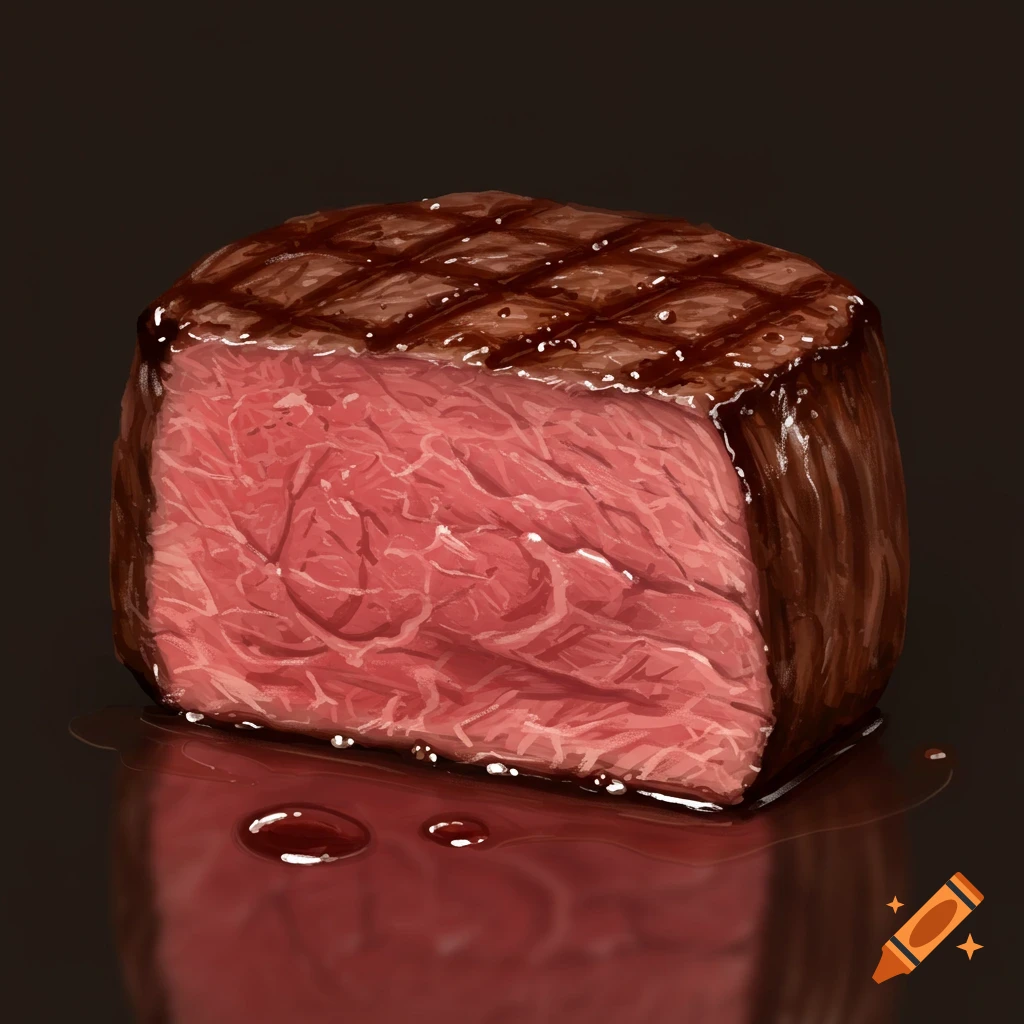 A juicy, medium-rare filet mignon steak with a seared crust, cut open to show its pink interior, resting on a dark surface.