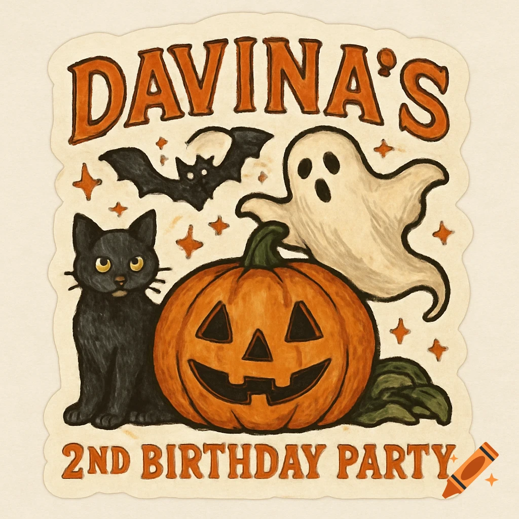 A Halloween sticker featuring a black cat, a smiling jack-o'-lantern, and a ghost, with text that reads "Davina's 2nd Birthday Party."