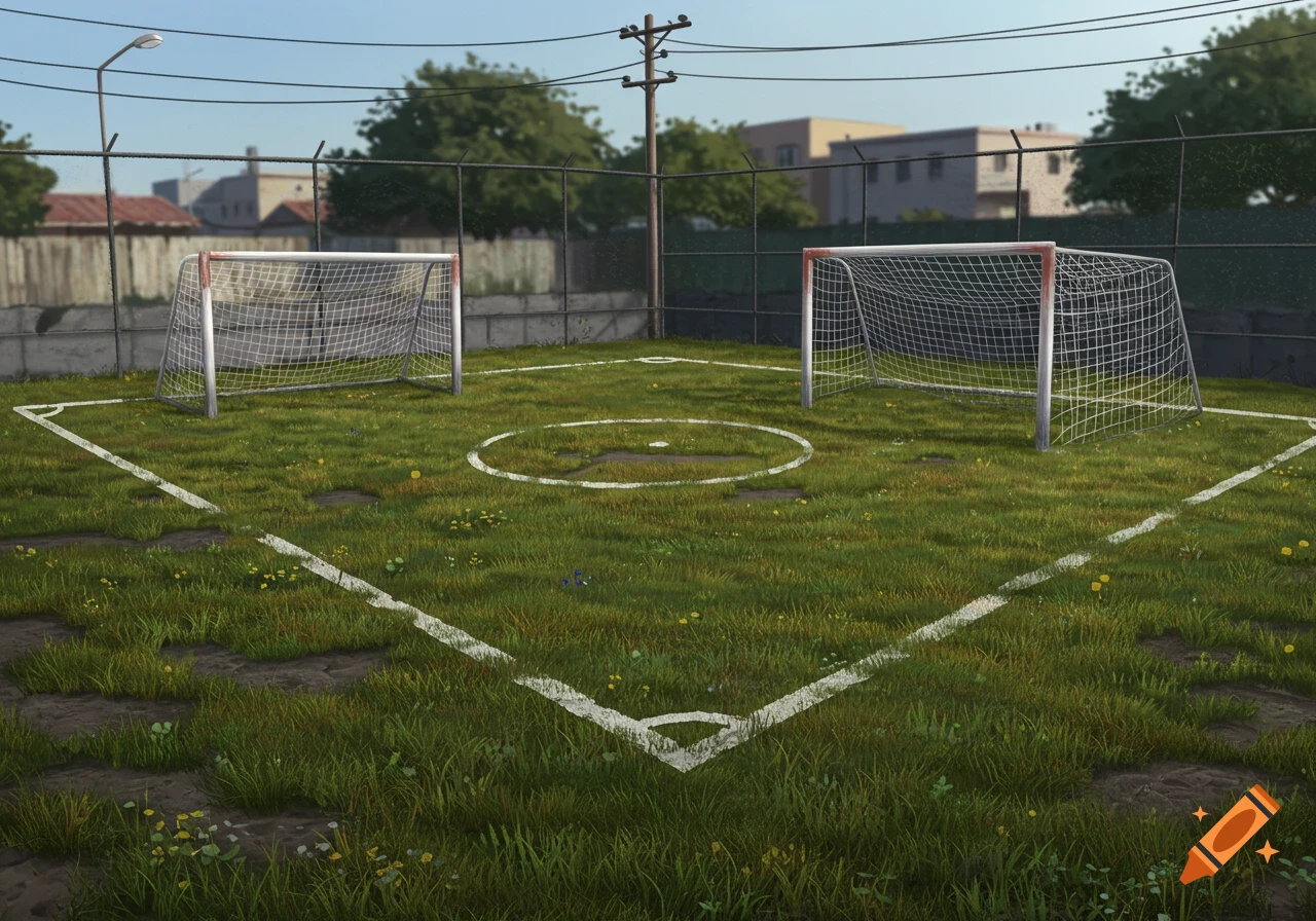 A rundown outdoor soccer field with two goals on a grassy, dirt-patched ground, surrounded by a fence and distant buildings.