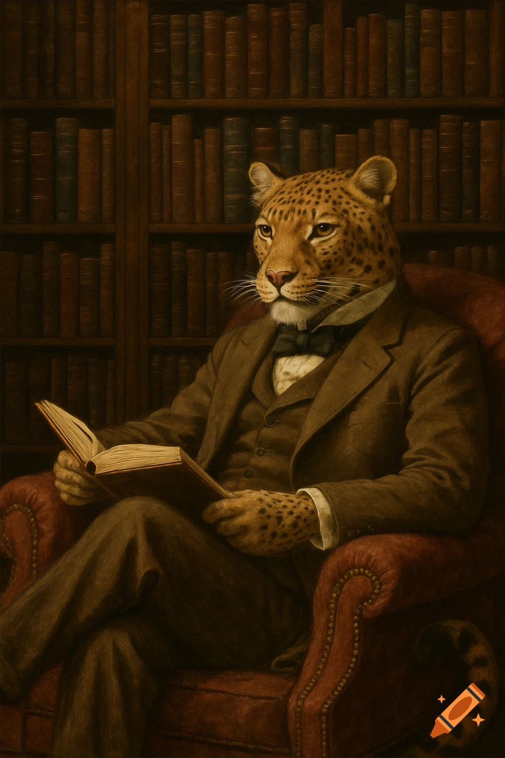 A well-dressed leopard in a suit sits in an armchair reading a book in a library, painted in a classical style.