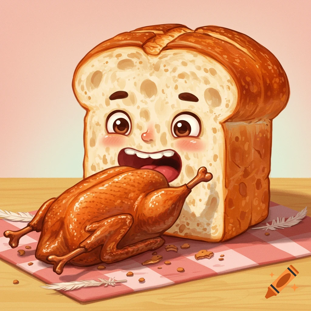 A whimsical animated loaf of bread with a happy face eats a roasted chicken on a red and white checkered tablecloth.