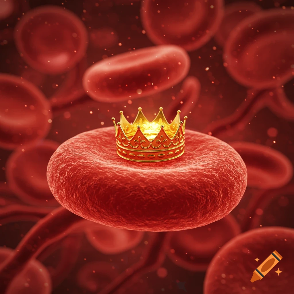 A golden crown sits on a large red blood cell, with other blood cells in the blurry background. Photorealistic style.