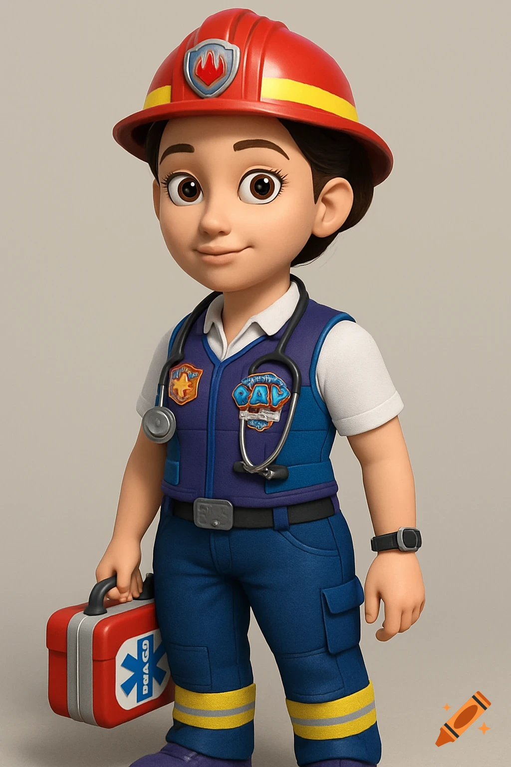 A CGI cartoon girl with dark hair in a bun wears a red firefighter helmet, a purple vest with a stethoscope and badges, blue pants with yellow stripes, and holds a red EMT kit.