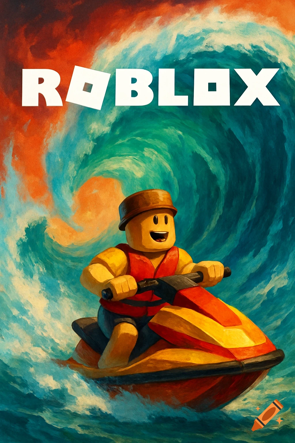A stylized painting of a Roblox character on a red and orange jet ski escaping a large blue and orange wave, with 'ROBLOX' text at the top.