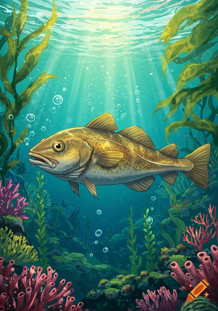 An illustration of a cod fish swimming in clear blue underwater with sunlight filtering through, surrounded by green kelp and colorful coral.