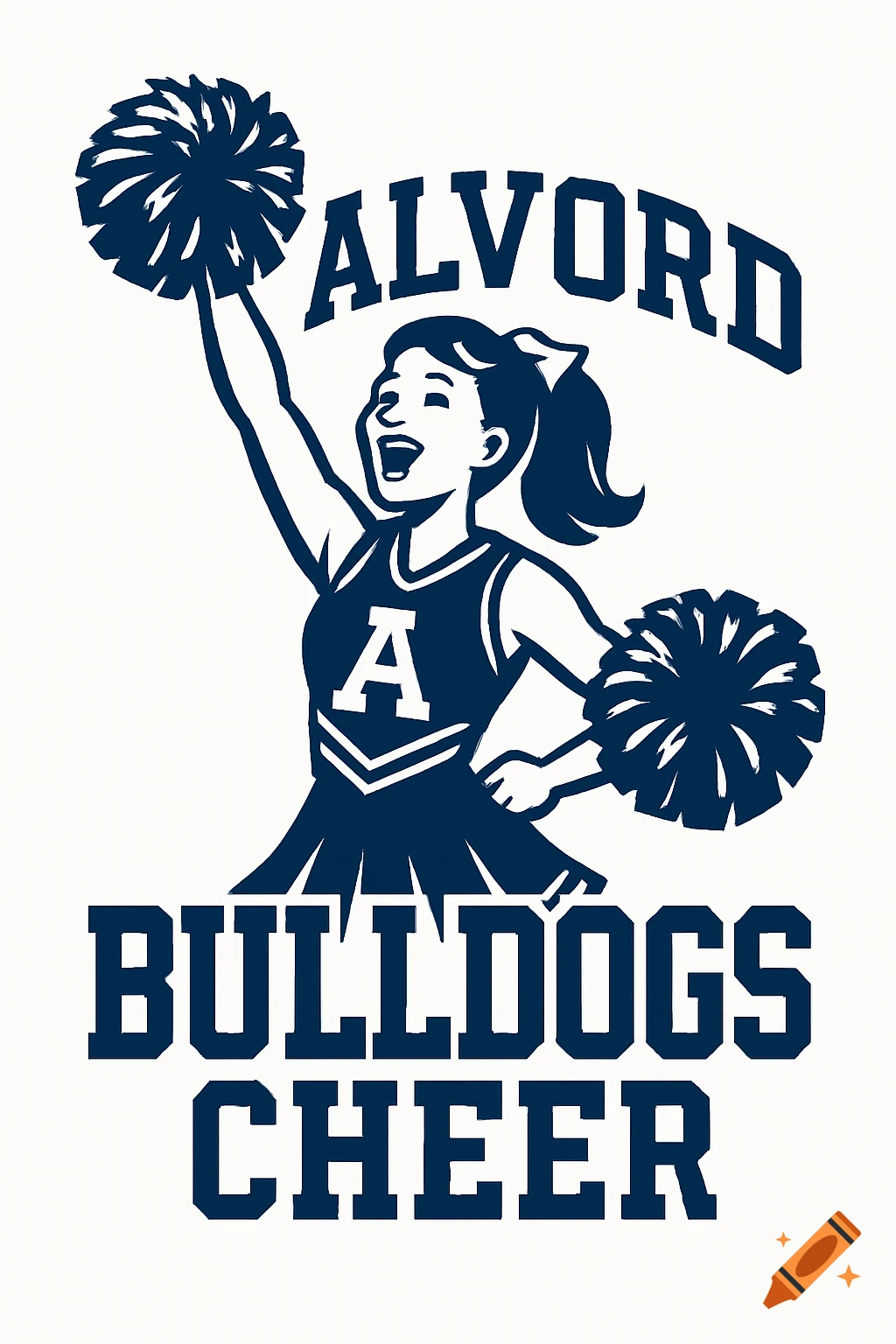 A stylized vector illustration of a cheerful female cheerleader in a uniform holding pom-poms, with the text "ALVORD BULLDOGS CHEER" in bold letters.