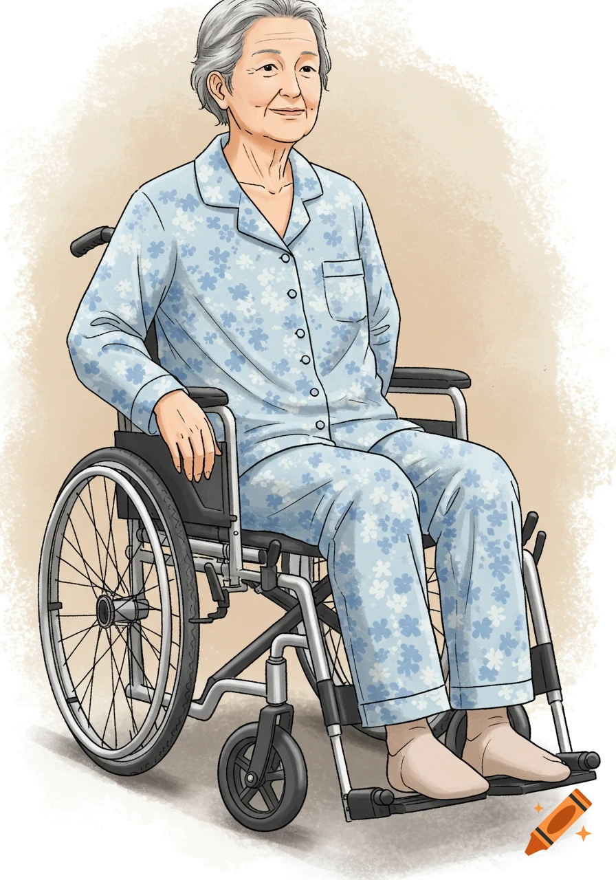 An illustration of an elderly person with gray hair wearing blue floral pajamas, sitting comfortably in a wheelchair.