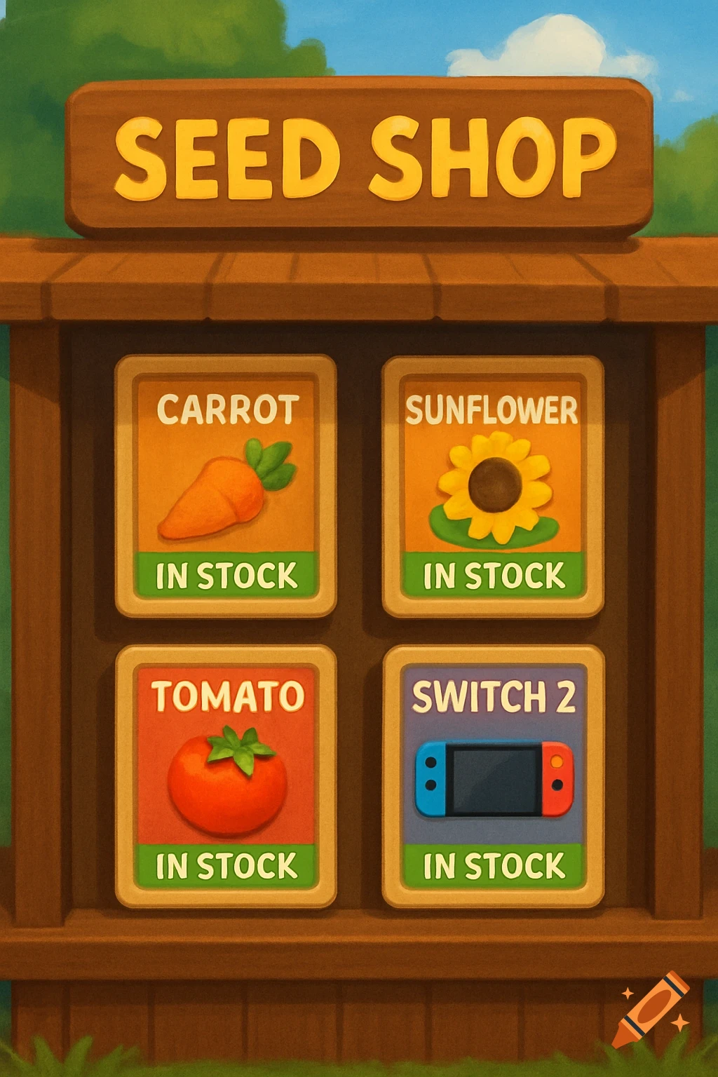 A colorful cartoon seed shop sign displaying carrots, sunflowers, tomatoes, and a Nintendo Switch 2, all 'IN STOCK'.