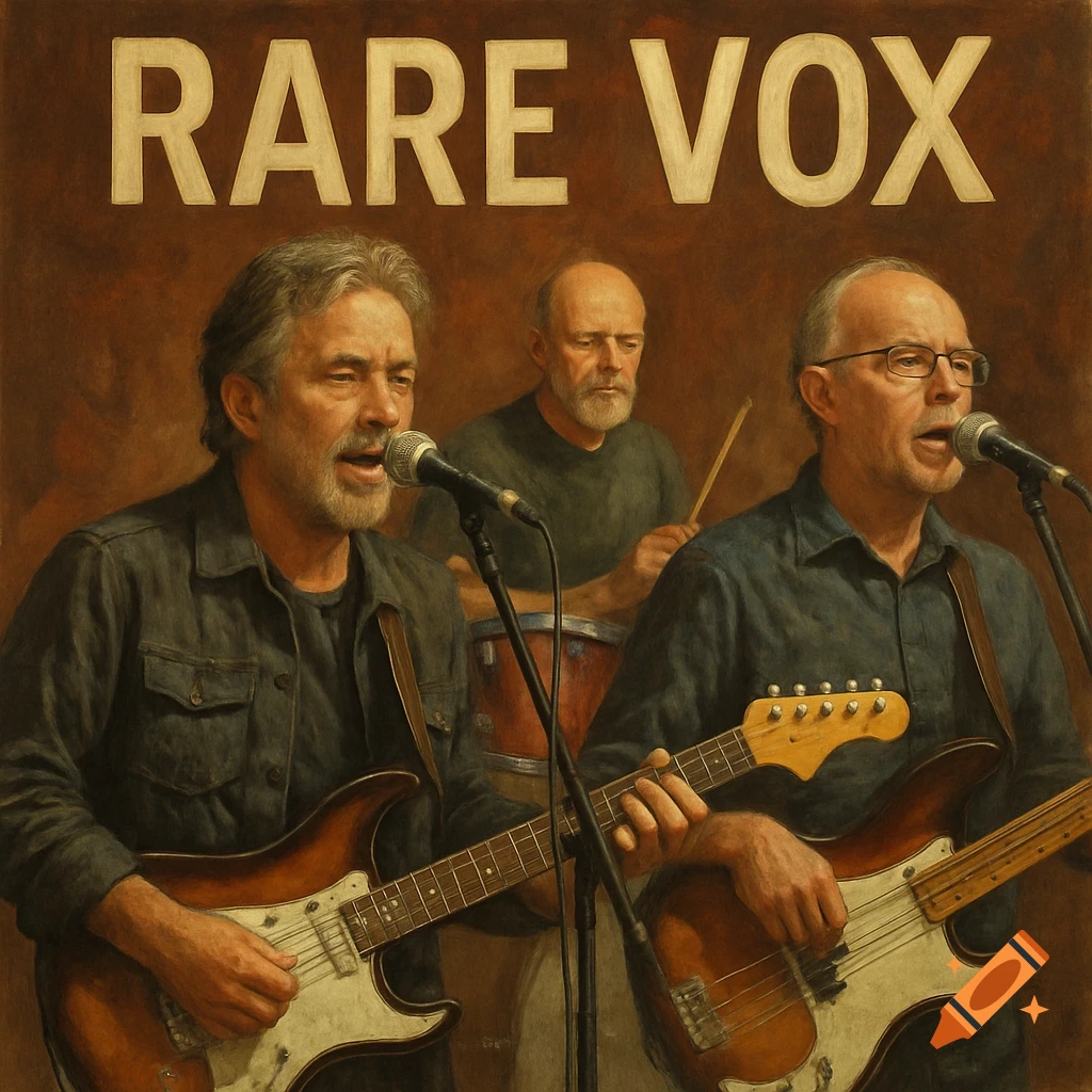 A band of three men playing instruments and singing, with 'RARE VOX' above them, in a painterly style.
