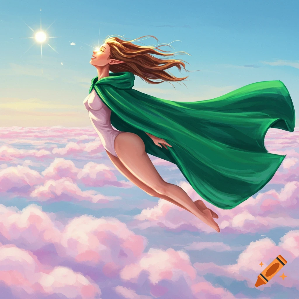 A woman with a flowing green cape and white leotard flies gracefully above pink and white clouds under a bright blue sky, sunlight on her face.
