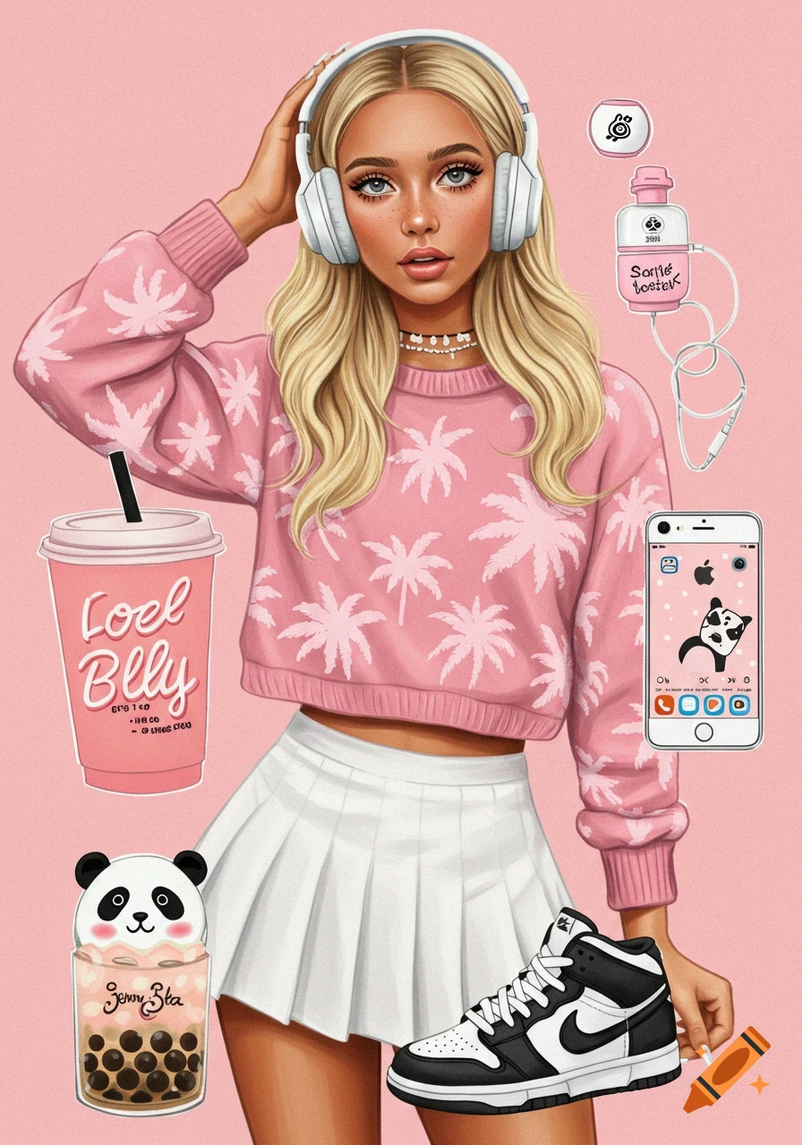 A stylized illustration of a blonde girl in a pink palm sweater and white pleated skirt, holding white headphones, surrounded by a pink drink, a boba tea with a panda, a phone with a panda wallpaper, and black and white sneakers.