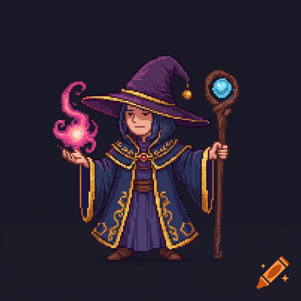 A pixel art wizard in a purple hat and blue robe casting a pink spell while holding a staff.