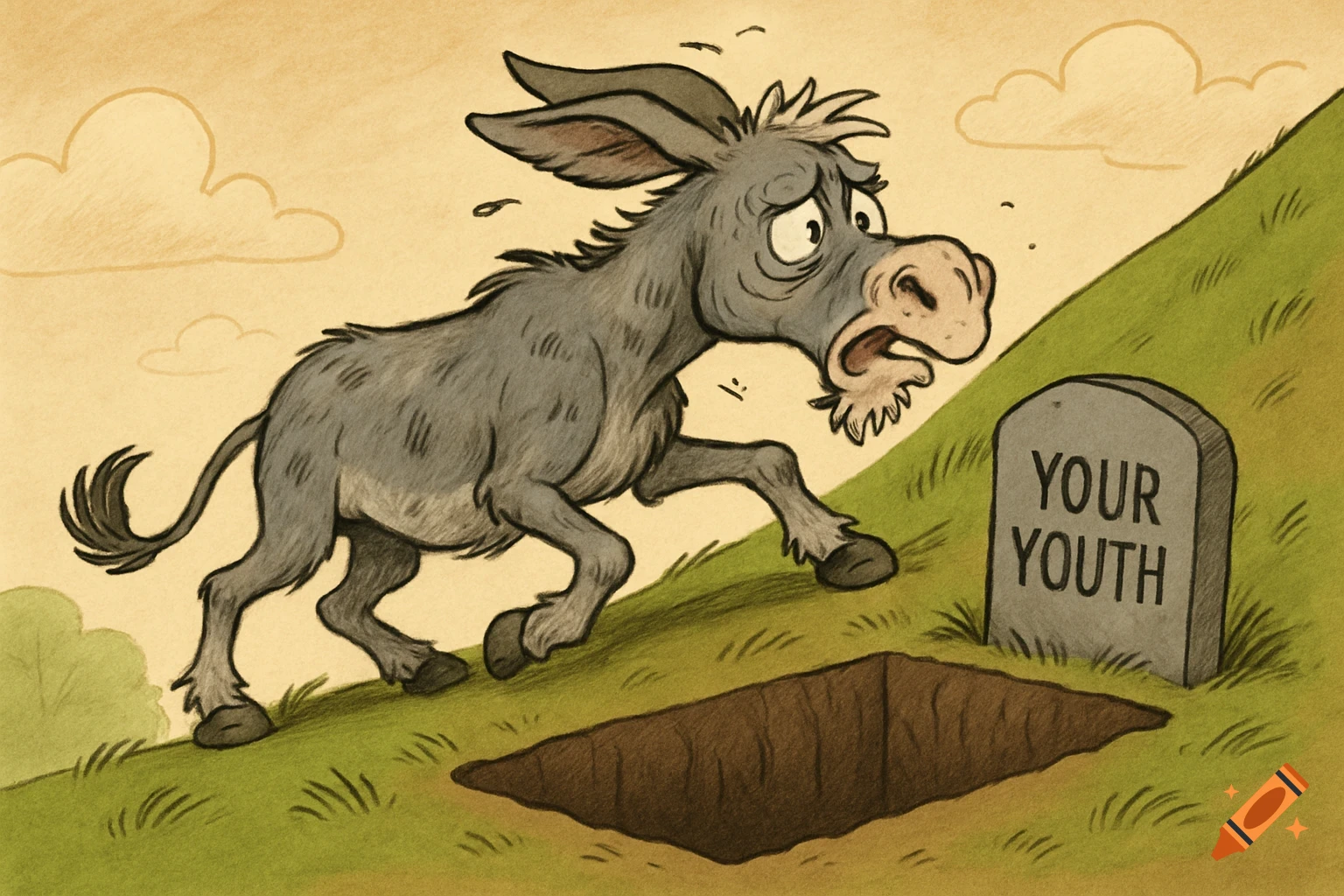 A cartoon donkey with a strained expression scrambles up a grassy hill, looking at an open grave and a tombstone reading 'YOUR YOUTH'.